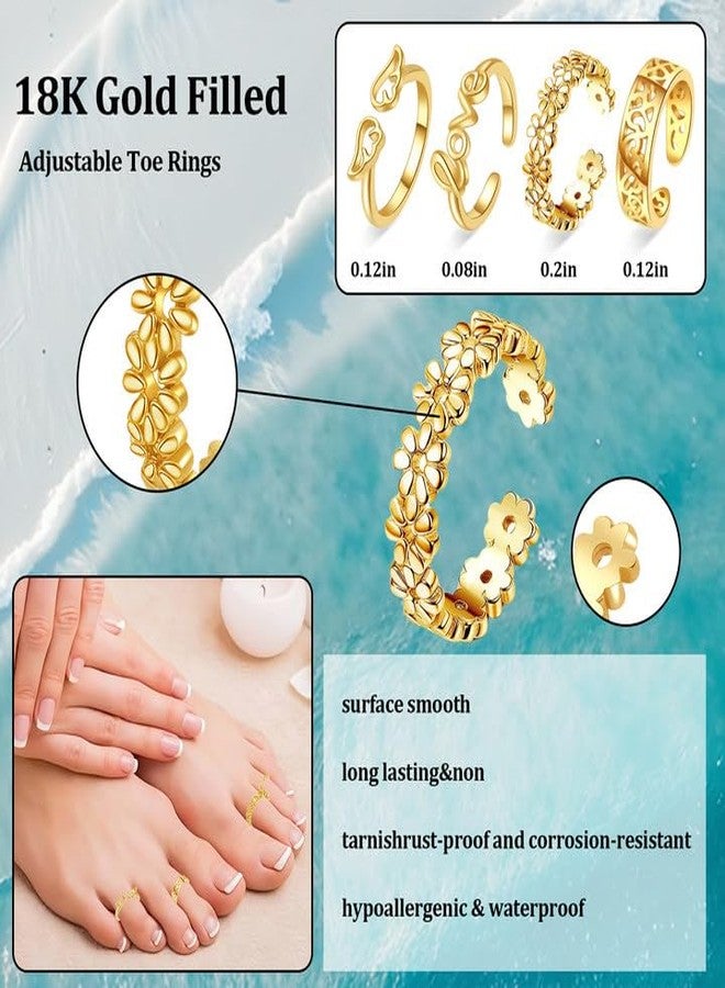 Bolsdoic Toe Rings for Women, 4PCS Gold Plated Stylish Adjustable Toe Band Rings, Summer Beach Foot Jewelry - Perfect for Vacation, Daily Wear - Image 2